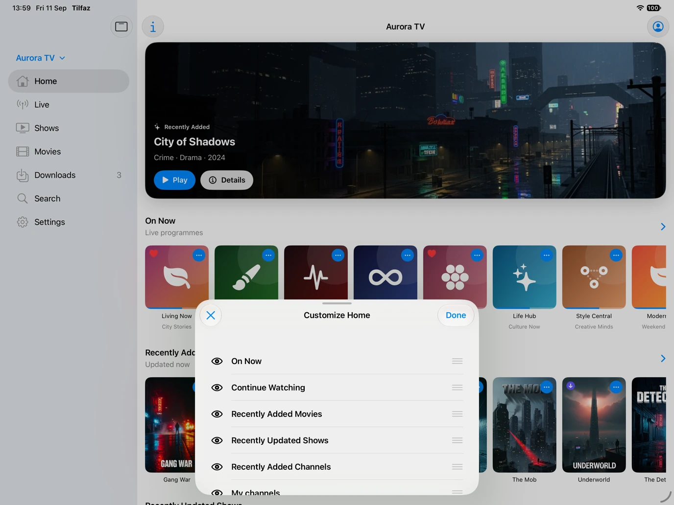 Tilfaz iPad home screen with a Customize Home panel showing section visibility and reorder controls.