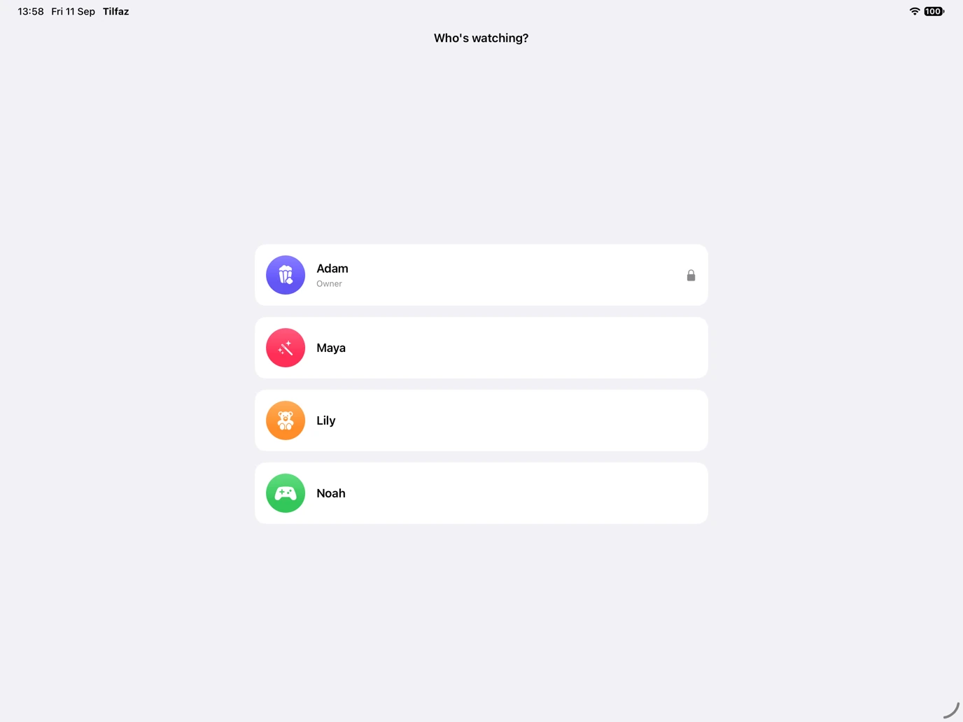 Tilfaz account picker on iPad showing four family accounts and a locked owner account.
