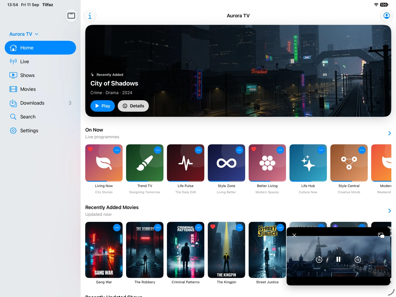 Tilfaz library on iPad with live channels, movies, and a floating Picture in Picture player