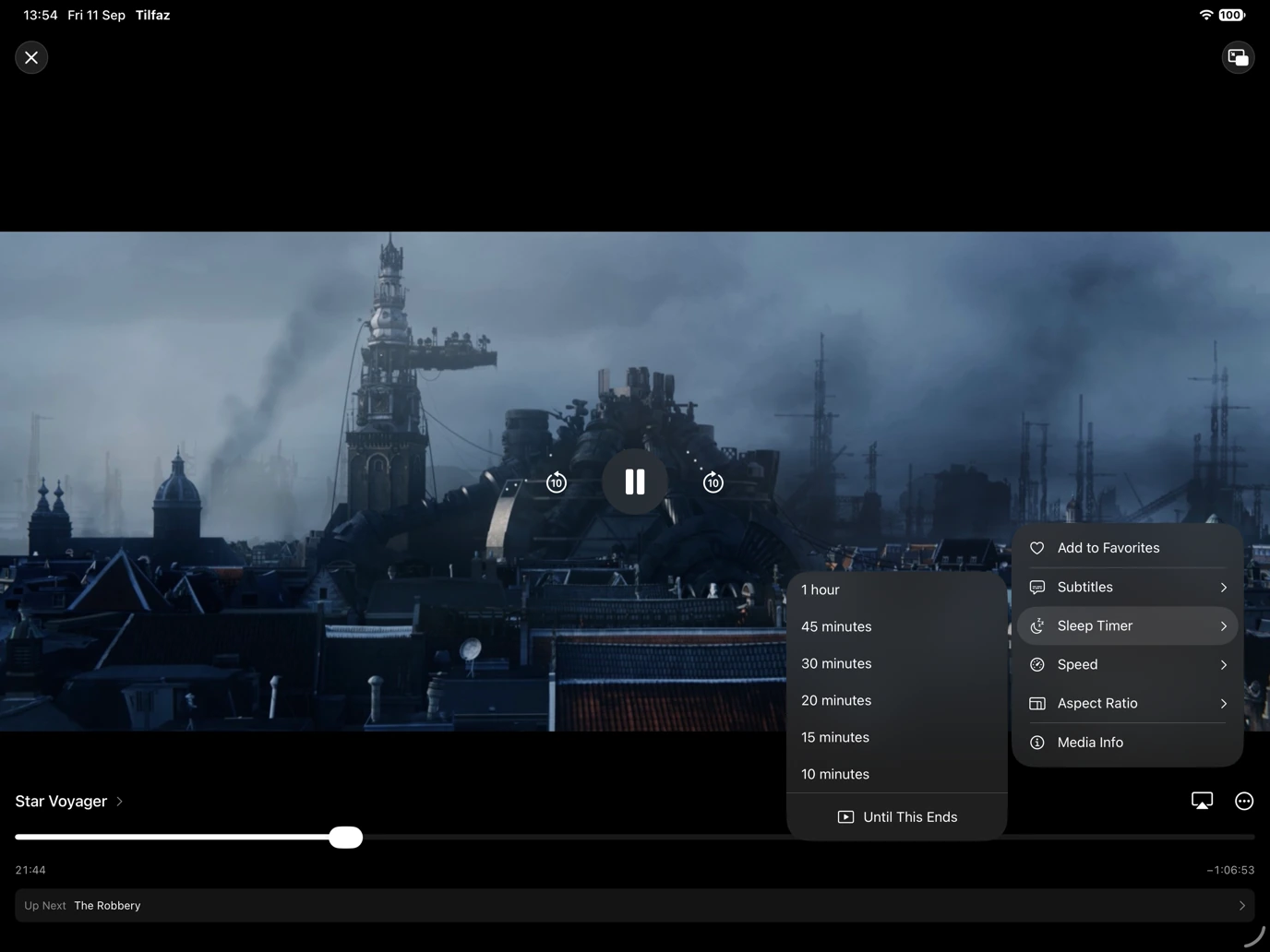 Tilfaz sleep timer menu with preset durations and an option to stop when the current video ends.