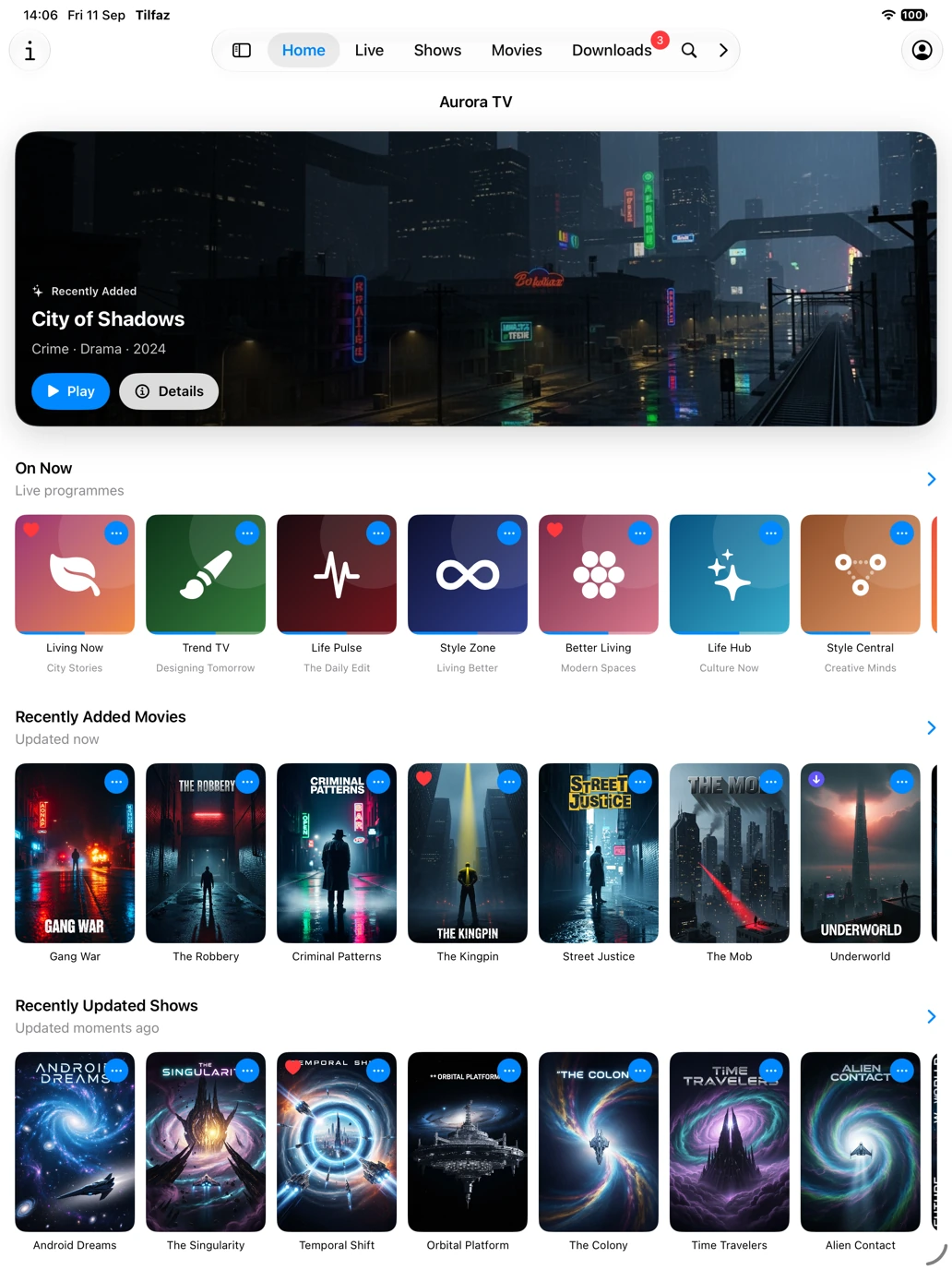 Tilfaz library on iPad with movies and live channels from a demo source