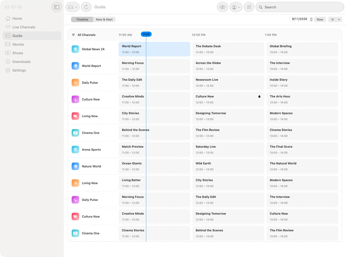 Tilfaz TV guide on Mac with channels and a program timeline