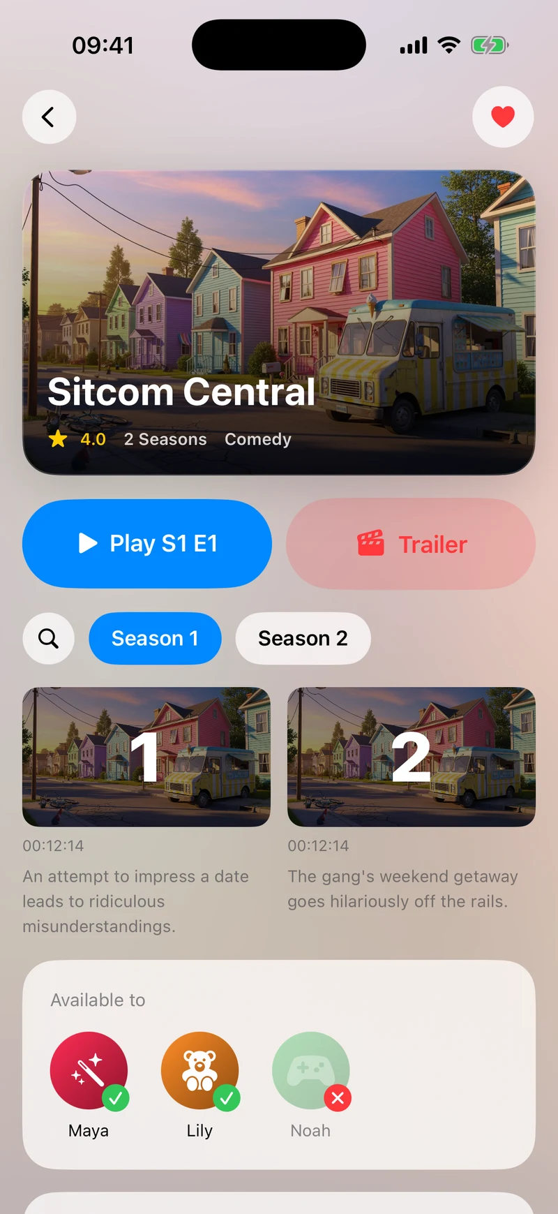 Tilfaz series page on iPhone with a trailer, season selector, episodes, and a favorites button