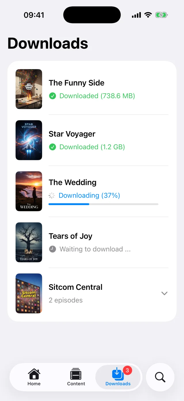 Tilfaz downloads on iPhone, showing completed downloads and movies in the queue