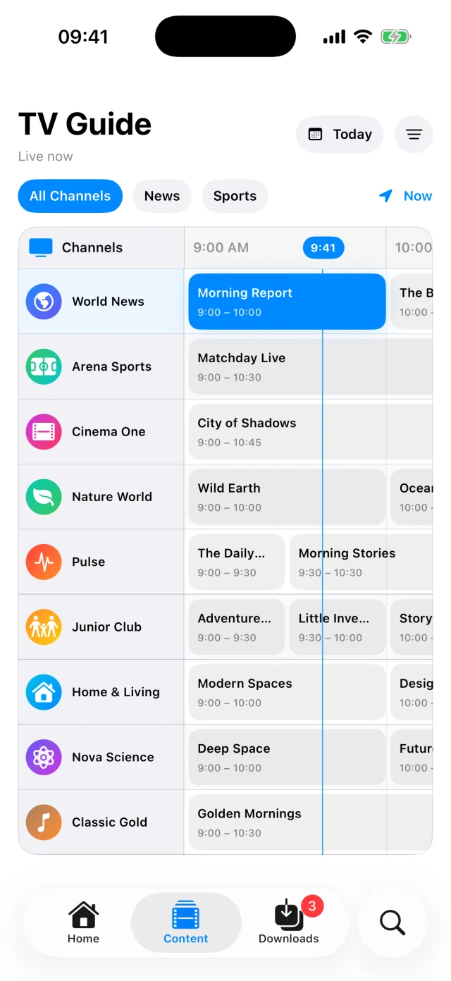 Tilfaz TV guide on iPhone with channels and today’s schedule