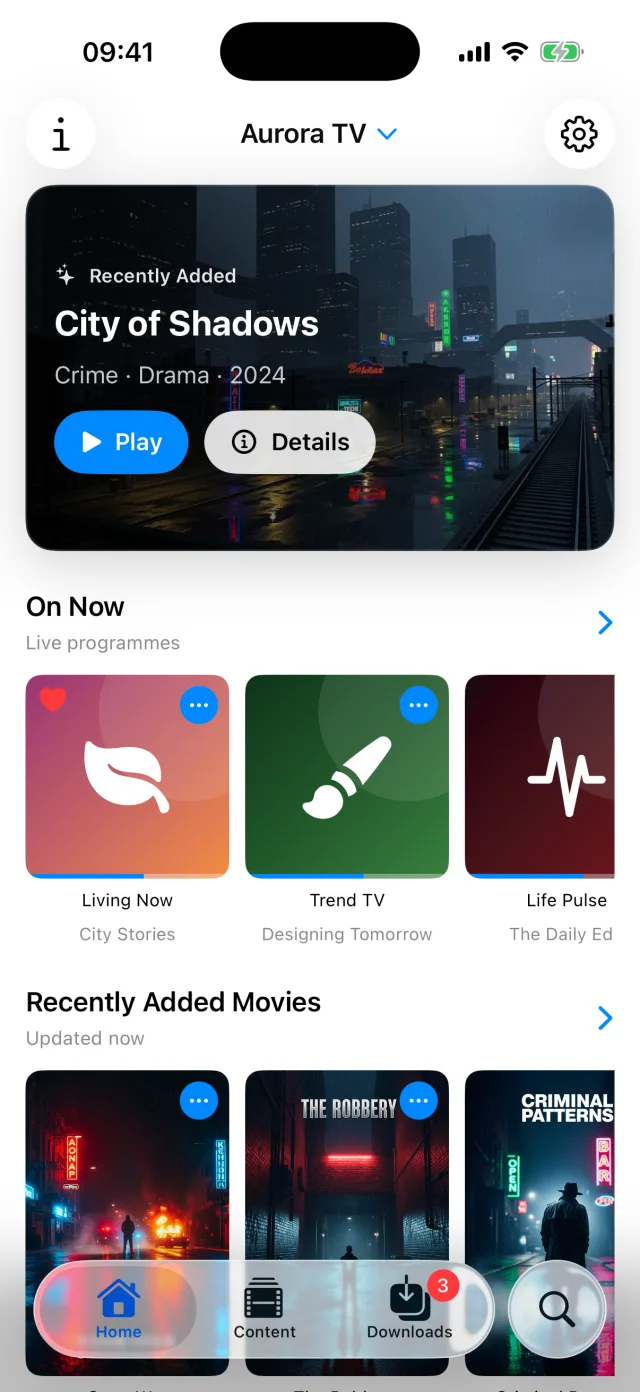 Tilfaz library on iPhone with live channels and recently added movies