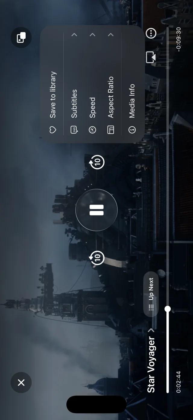Tilfaz player on iPhone in landscape, with playback and subtitle controls