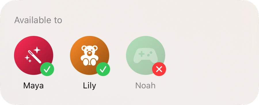 Tilfaz title permissions on iPhone: Maya and Lily have access to this series; Noah does not