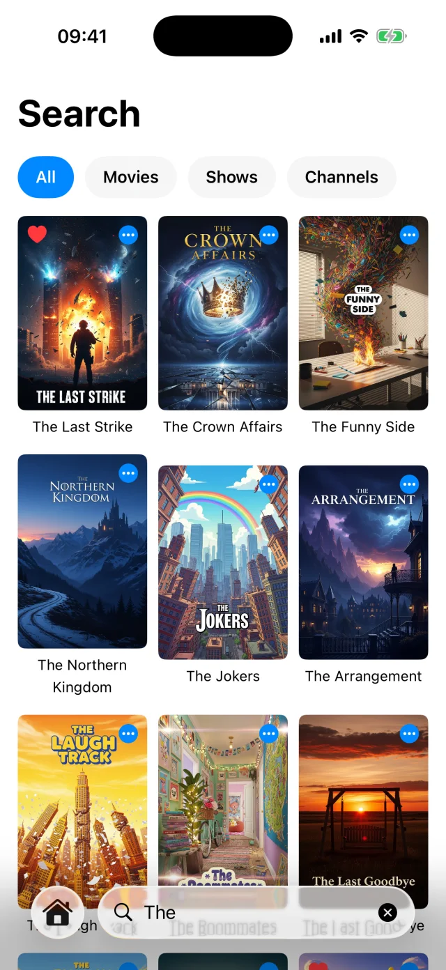 Tilfaz search on iPhone with movie results and filters for movies, series, and live channels