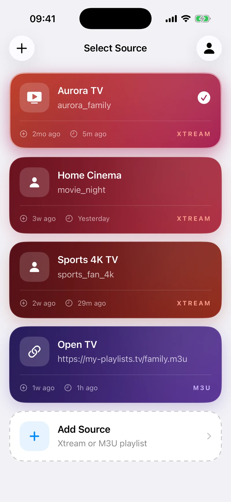 Tilfaz source list on iPhone with three Xtream Codes accounts and an M3U playlist