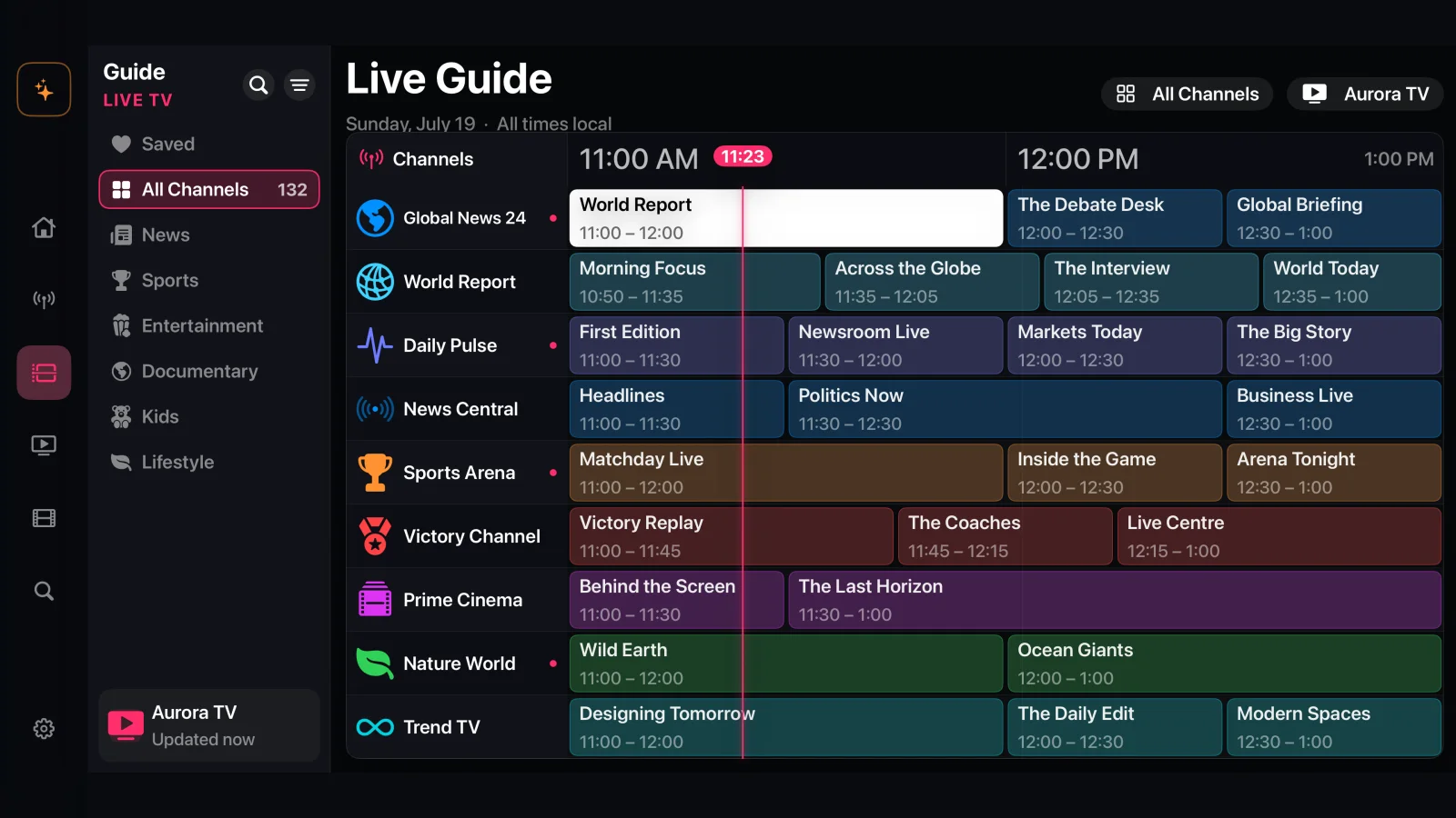 Tilfaz TV guide on Apple TV with channel listings and current and upcoming programs