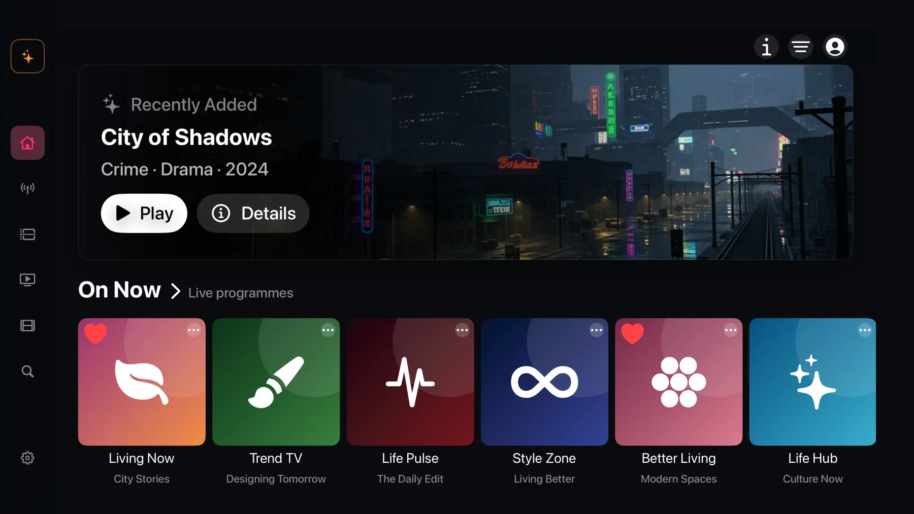 Tilfaz library on Apple TV with movies and live channels from a demo source