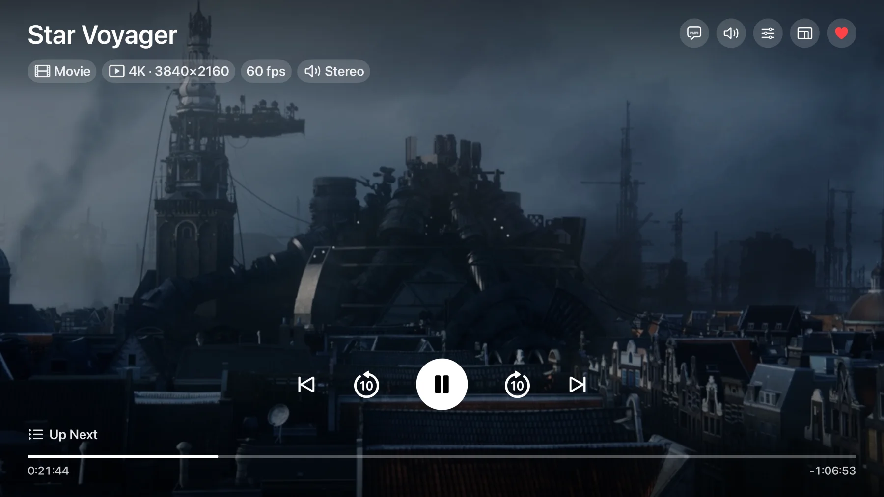 Tilfaz player on Apple TV with 4K video, audio controls, and a playback timeline