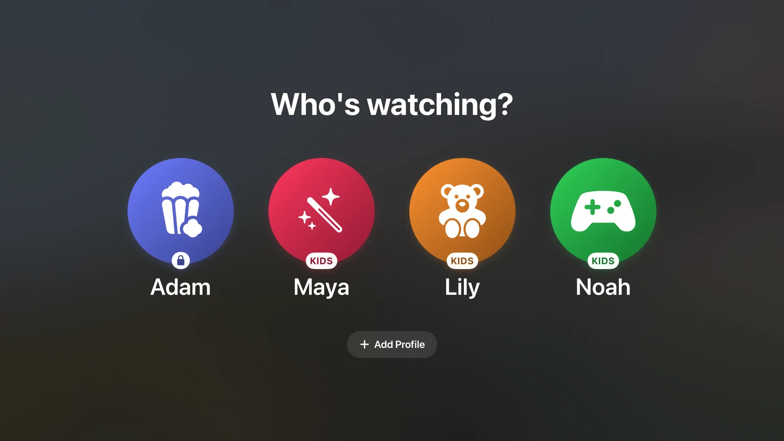 Tilfaz profiles on Apple TV, with a locked owner profile and three children’s profiles