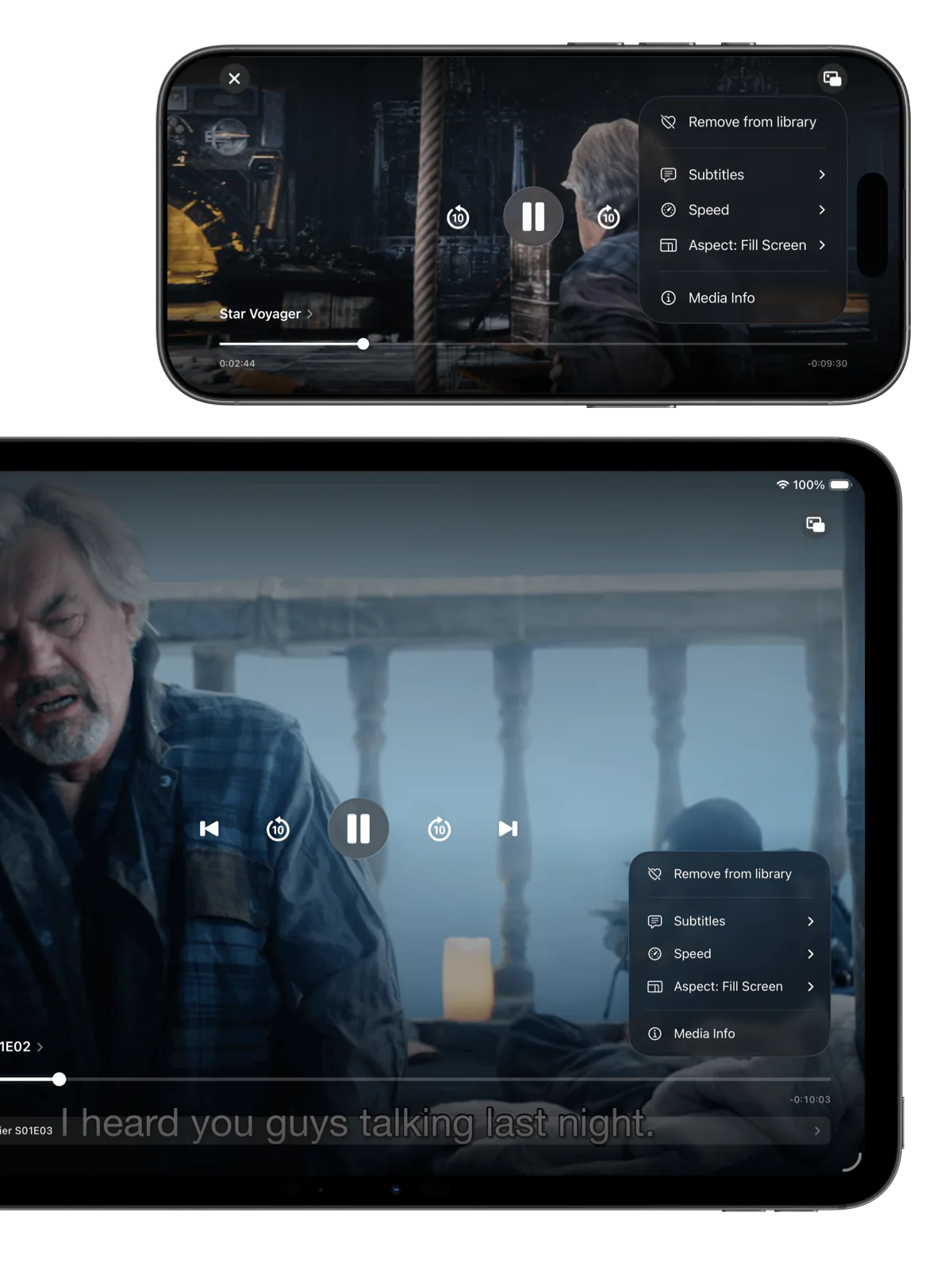 Video player with subtitle and audio controls on iPhone and iPad